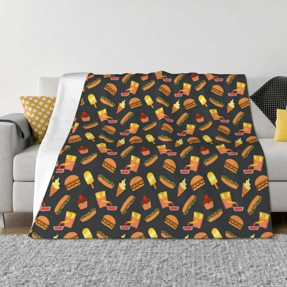 KLL Fast Food Print Fleece Throw Blanket, Horizontal Fleece Bedding Cute Soft Blankets Comfy Fleece Flannel Plush Home Decor for Couch & Bed -80"x60"