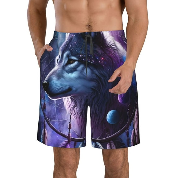 KLL Feathered Wolf Men's Casual Summer Beach Shorts Hawaiian Shorts with Pockets-Medium