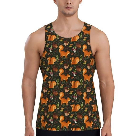 KLL Festive Squirrels Dark Forest Print Men's Muscle Gym Workout Stringer Tank Tops Bodybuilding Fitness T-Shirts Tank Tops Men-XX-Large