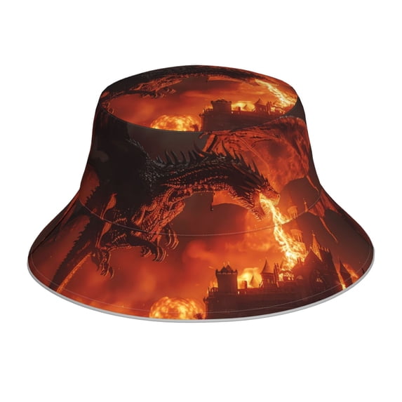 KLL Fiery Dragons Castle Attack Bucket Hat for Women Men Packable Travel Beach Sun Hat Outdoor Rave Accessories Reflective Fisherman Cap