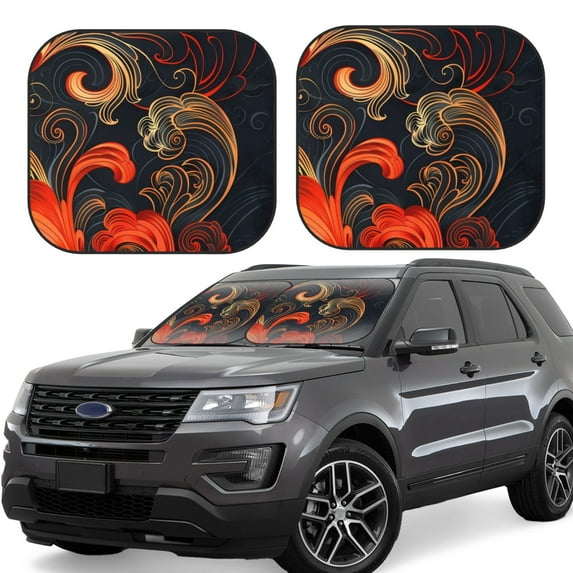 KLL Fiery Floral Pattern Windshield Sun Shade 2-Piece Foldable Car Front Window Sunshade for Most Sedans SUV Truck- Large