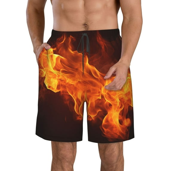 KLL Fiery Orange Flames Energy Men's Casual Summer Beach Shorts Hawaiian Shorts with Pockets-Small