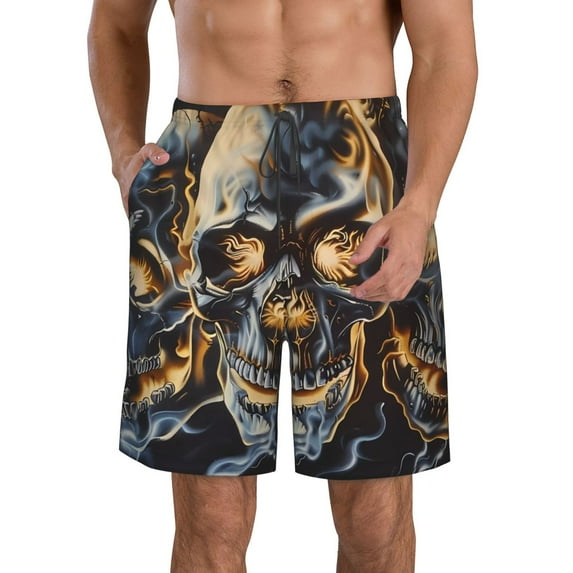 KLL Fiery Skull Trio Men's Casual Summer Beach Shorts Hawaiian Shorts with Pockets-X-Large