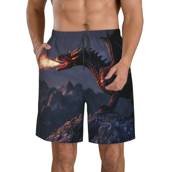 KLL Fire Breathing Dragon Twilight Men's Casual Summer Beach Shorts Hawaiian Shorts with Pockets-3X-Large