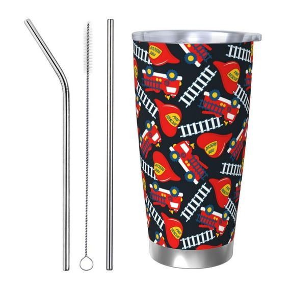 KLL Fire Rescue With Red Helmet And Truck Print 40oz Stainless Steel Insulated Car Cup with Spillproof Lid - Keep Your Drink Hot or Cold on the Go-Straw Three-piece Set