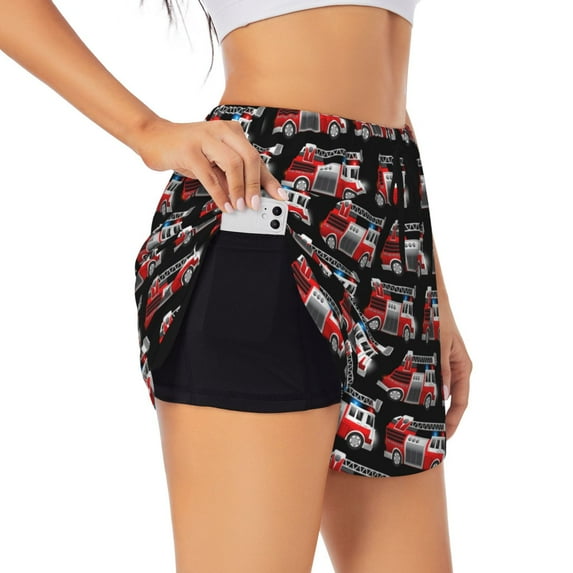 KLL Fire and Rescue Truck Pattern Shorts Women,Athletic Shorts High Waisted Running Shorts Pocket Sporty Short Gym Elastic Workout Shorts-Small