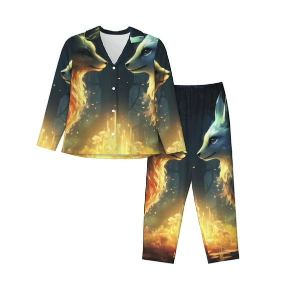 KLL Firefly Forest Fox Print Women's Long Sleeve Pajamas with Pants Sleepwear Loungewear 2 Set-Medium