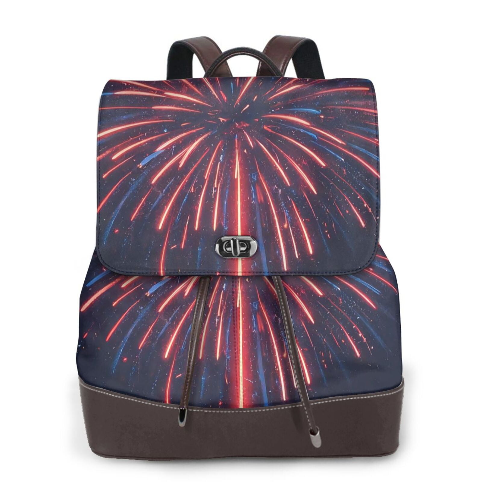 KLL Fireworks3 Print Leather Backpack,PU Leather Laptop Backpack Purse ...