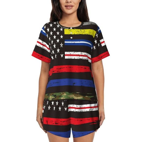 KLL First Responder American Flag Print Pajama Set for Women Short Sleeve Sleepwear Pjs Soft 2 Piece Lounge Sleepwear Sets-3X-Large