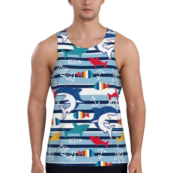 KLL Fish And Shark Print Men's Muscle Gym Workout Stringer Tank Tops Bodybuilding Fitness T-Shirts Tank Tops Men-X-Large