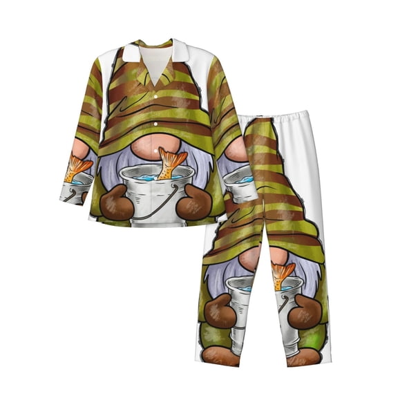 KLL Fishing Gnome Fisherman Sleepwear Mens Flannel Pajamas,Long Cotton Pj Set