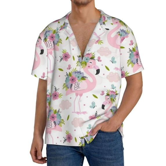 KLL Flamingo And Flowers Print Men's Shirt Short Sleeve Button Down Summer Cuba Beach Shirts- Small