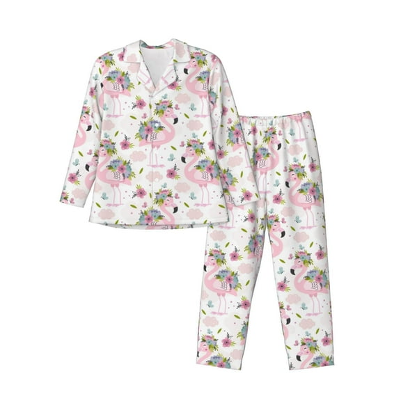 KLL Flamingo And Flowers Sleepwear Mens Flannel Pajamas,Long Cotton Pj Set