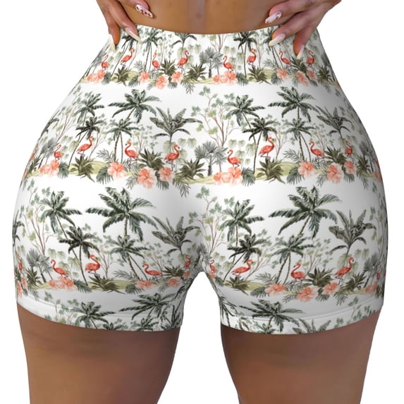 KLL Flamingo Palm Trees Pattern Workout Shorts for Women Scrunch Short Gym Yoga Running Sport Active Exercise Fitness Shorts
