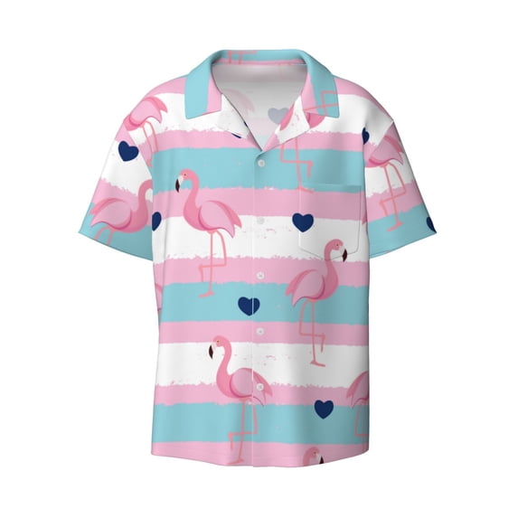 KLL Flamingo1 Print Men's Shirt Short Sleeve Button Down Summer Cuba Beach Shirts- Large