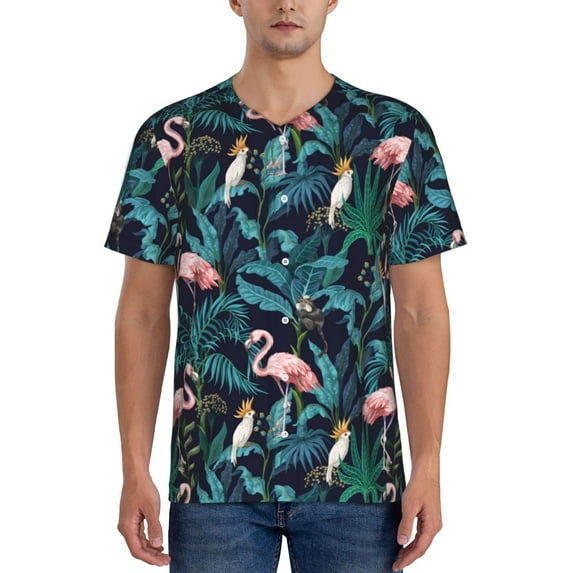 KLL Flamingos And Birds for Men's Baseball Shirts,Short Sleeve Casual Shirts Button Down Shirt for Men Beach Summer Wedding Shirt-XX-Large