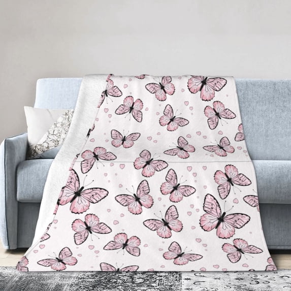 KLL Fleece Blanket Plush Throw Blanket Pink Butterflies (2) ,Soft Fuzzy Cozy Flannel Blanket for Couch Sofa Bed.(80"x60" )