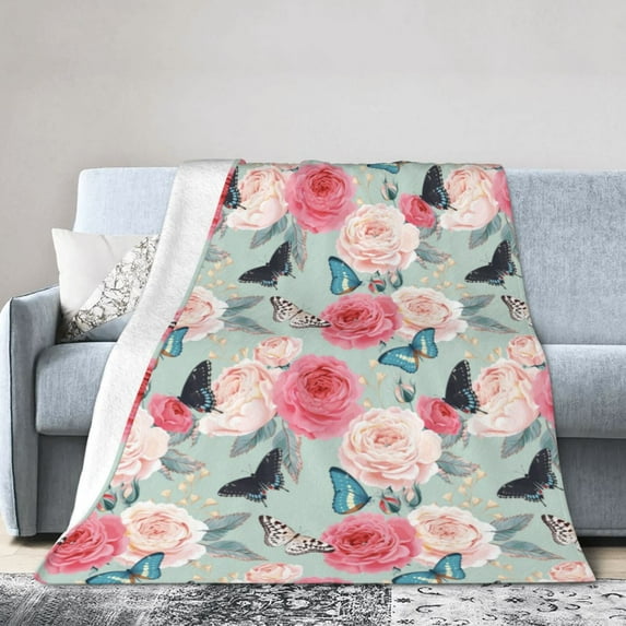 KLL Fleece Blanket Plush Throw Blanket Roses and Butterflies ,Soft Fuzzy Cozy Flannel Blanket for Couch Sofa Bed.(50"x40" )