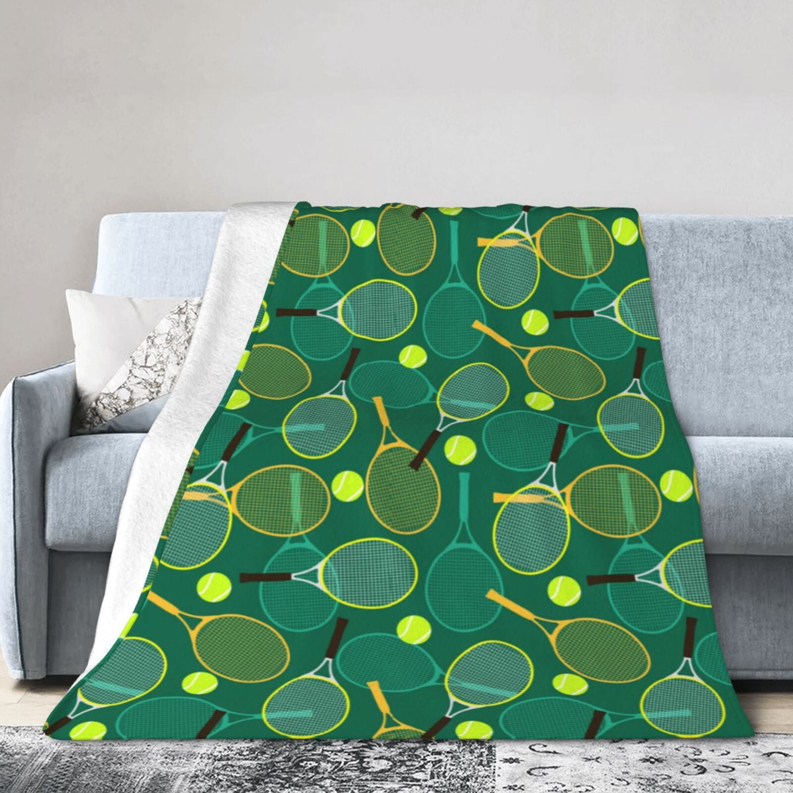 KLL Fleece Blanket Plush Throw Blanket Tennis Rackets and Balls ,Soft