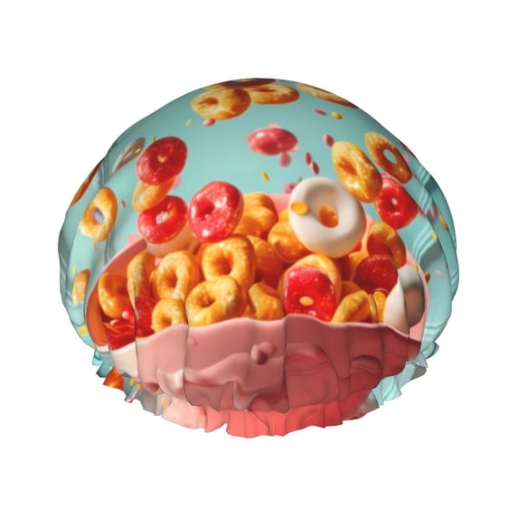 KLL Floating Colorful Cereal Pattern Shower Cap & Bath Cap for Women,Reversible Oversized Waterproof Shower Caps for all Hair Lengths,Elastic Reusable Bathing Hair Cap