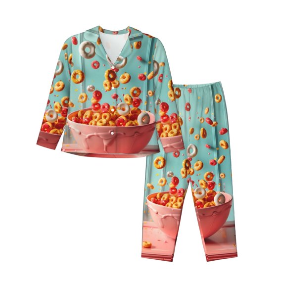 KLL Floating Colorful Cereal Print Women's Long Sleeve Pajamas with Pants Sleepwear Loungewear 2 Set-Medium