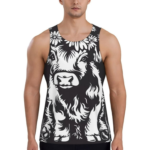 KLL Floral Cow Silhouette Print Men's Muscle Gym Workout Stringer Tank Tops Bodybuilding Fitness T-Shirts Tank Tops Men-Large