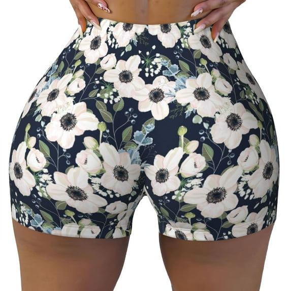 KLL Floral Flowers Blue Pattern Workout Shorts for Women Scrunch Short Gym Yoga Running Sport Active Exercise Fitness Shorts