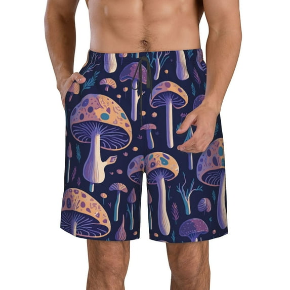 KLL Floral Hippie Mushrooms Men's Casual Summer Beach Shorts Hawaiian Shorts with Pockets-X-Large