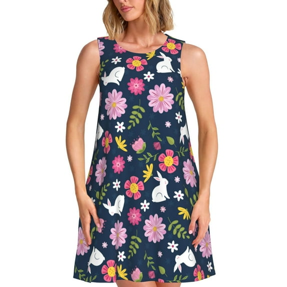 KLL Floral Rabbit Pattern Womens Summer Dresses 2025,Loose Round Neck Sleeveless Sundresses Tank Dresses with Pockets