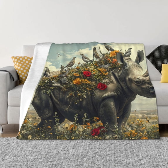 KLL Floral Rhino With Birds Print Fleece Throw Blanket, Horizontal Fleece Bedding Cute Soft Blankets Comfy Fleece Flannel Plush Home Decor for Couch & Bed -80"x60"