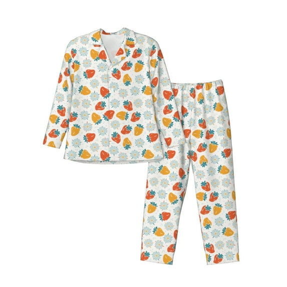 KLL Floral Strawberr Sleepwear Mens Flannel Pajamas,Long Cotton Pj Set