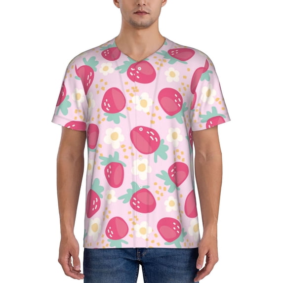 KLL Floral Strawberr for Men's Baseball Shirts,Short Sleeve Casual Shirts Button Down Shirt for Men Beach Summer Wedding Shirt-