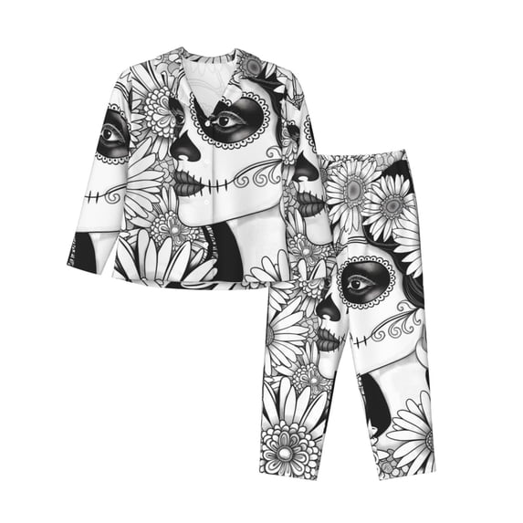 KLL Floral Sugar Skull Portrait Print Women's Long Sleeve Pajamas with Pants Sleepwear Loungewear 2 Set-Large