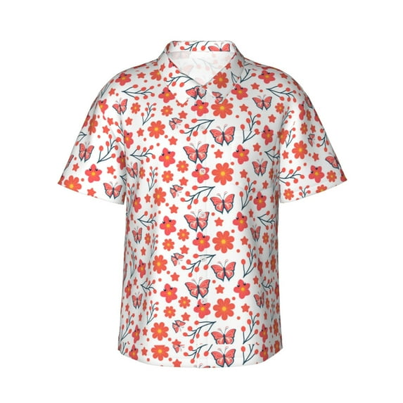 KLL Floral butterfly Print Men's Hawaiian Shirt Short Sleeve Button Down Beach Shirts,Medium