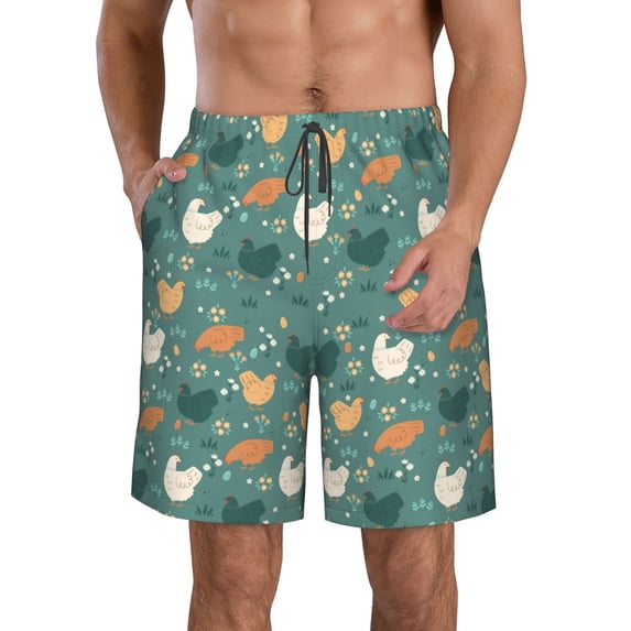 KLL Flowe Rooster Men's Casual Summer Beach Shorts Hawaiian Shorts with Pockets-X-Large