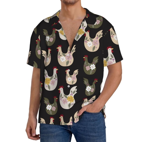 KLL Flowe Rooster Print Men's Shirt Short Sleeve Button Down Summer Cuba Beach Shirts- XX-Large