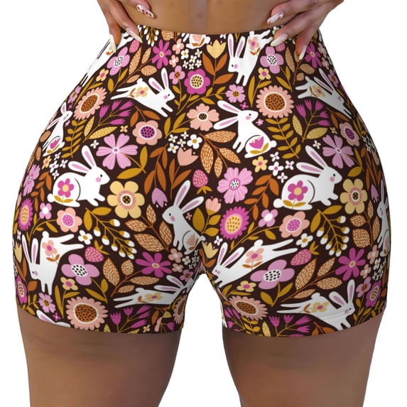 KLL Flower Bunny Pattern Workout Shorts for Women Scrunch Short Gym Yoga Running Sport Active Exercise Fitness Shorts