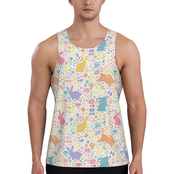 KLL Flower Color Rabbit Print Men's Muscle Gym Workout Stringer Tank Tops Bodybuilding Fitness T-Shirts Tank Tops Men-X-Large
