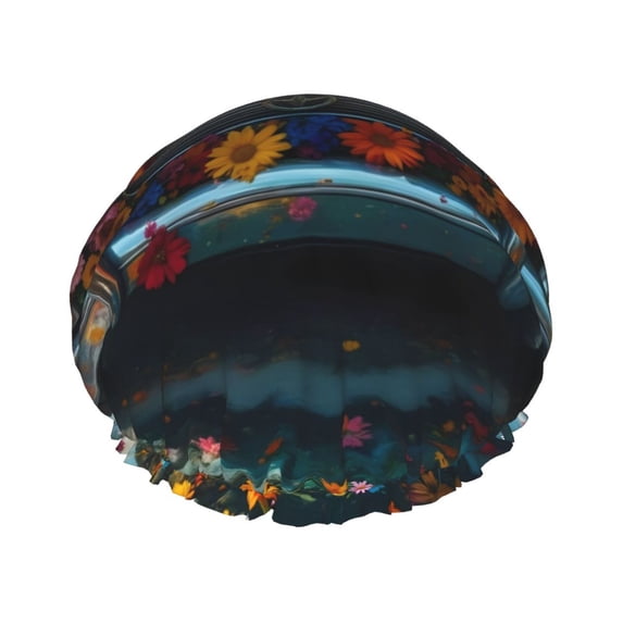 KLL Flower Covered Vintage Car Pattern Shower Cap & Bath Cap for Women,Reversible Oversized Waterproof Shower Caps for all Hair Lengths,Elastic Reusable Bathing Hair Cap