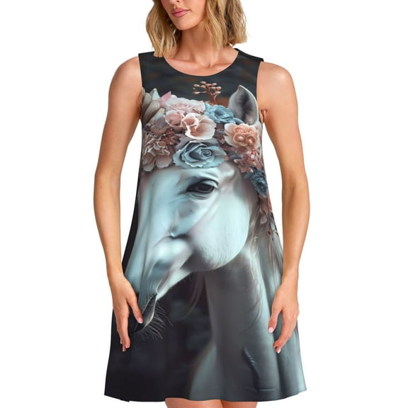 KLL Flower Crown White Horse Pattern Womens Summer Dresses 2025,Loose Round Neck Sleeveless Sundresses Tank Dresses with Pockets