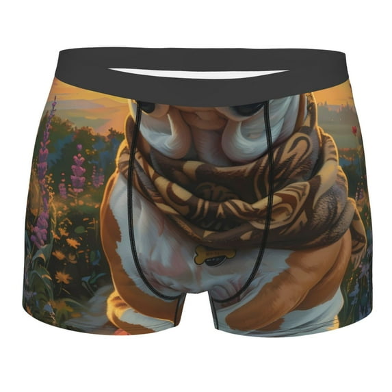 KLL Flower Field Cute Bulldog Men's Cotton Boxer Briefs Underwear-Small