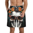 thumbnail image 1 of KLL Flower Horn Skull A Men's Casual Summer Beach Shorts Hawaiian Shorts with Pockets-Small, 1 of 5