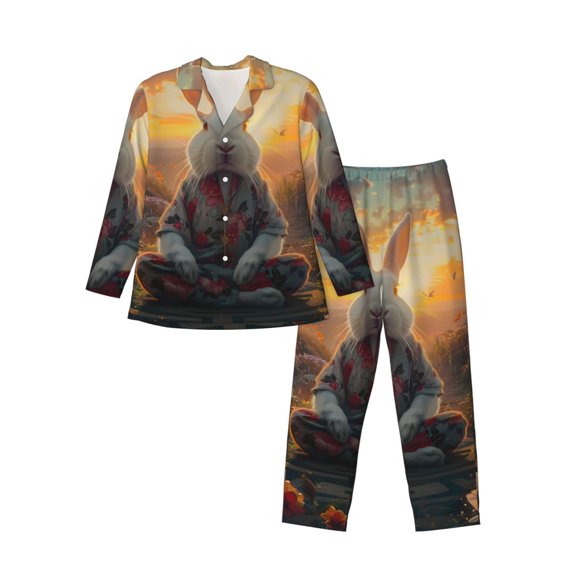 KLL Flower Meditating Rabbit Sleepwear Mens Flannel Pajamas,Long Cotton Pj Set