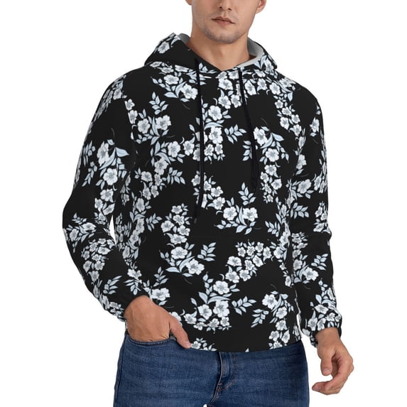 KLL Flower Print Mens Hoodie Long Sleeve Casual Pullover Hooded Sweatshirt Fashion Drawstring Hoodies with Pocket-X-Large