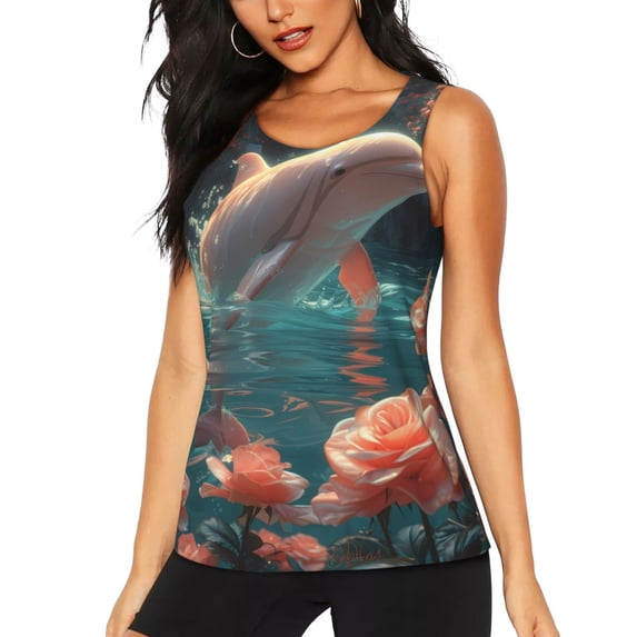 KLL Flower White Dolphin Print Womens Tank Top Sleeveless Workout Tops Athletic Running Shirts Yoga Gym Clothes-Large