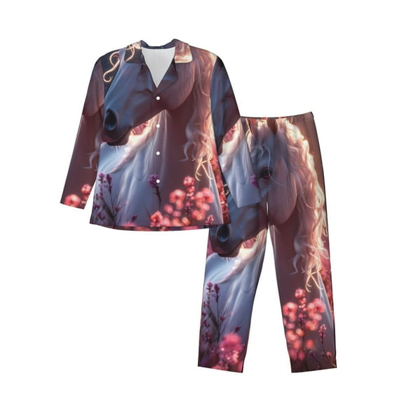 KLL Flower White Horse Sleepwear Mens Flannel Pajamas,Long Cotton Pj Set