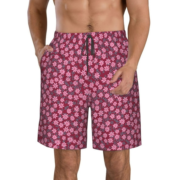 KLL Flowers With Green Leaves Men's Casual Summer Beach Shorts Hawaiian Shorts with Pockets-Medium