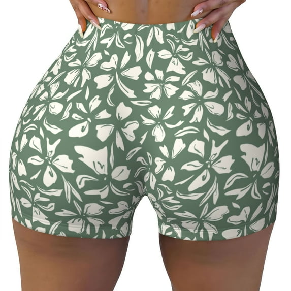KLL Flowers With Leaves Pattern Workout Shorts for Women Scrunch Short Gym Yoga Running Sport Active Exercise Fitness Shorts