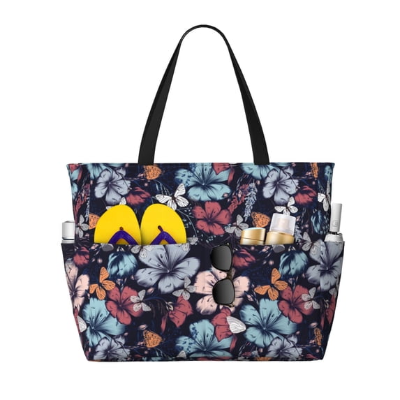 KLL Flowers ad Butterflies Print Large Beach Tote Bag Women Waterproof Sandproof Zipper Beach Tote Bag for Pool Gym Grocery Travel with Wet Pocket