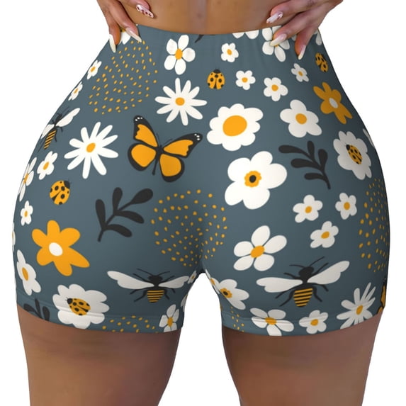 KLL Flowers and Bee Pattern Workout Shorts for Women Scrunch Short Gym Yoga Running Sport Active Exercise Fitness Shorts